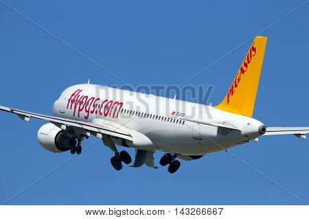 AMSTERDAM-SCHIPHOL - AUG 17 2016: Pegasus Airlines Airbus A320 take-off from Amsterdam Schiphol airport in The Netherlands