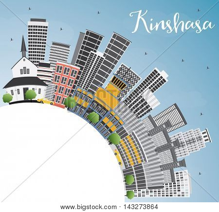 Kinshasa Skyline with Gray Buildings, Blue Sky and Copy Space. Vector Illustration. Business Travel and Tourism Concept with Historic Buildings. Image for Presentation Banner Placard and Web Site.