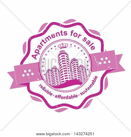 Apartments for sale - reliable, affordable, sustainable - bi-color grunge stamp / ribbon / sticker for real estate agencies. Print colors used. Grunge layer is applied exactly on the colored stamp.