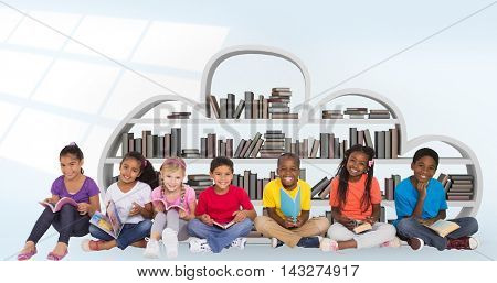 Elementary pupils reading books against digital image of pattern