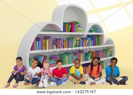Elementary pupils reading books against white squares on yellow background