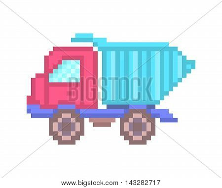 Vector pixel art plastic toy dump truck isolated on white background. Loose material transportation car with red cabin and blue dump body on big wheels. Construction works vehicle icon.