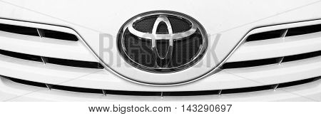 Kazakhstan, Ust-Kamenogorsk, july 30, 2016: Toyota - Japanese automobile company. Nameplate of Toyota, toyota sign, toyota logo