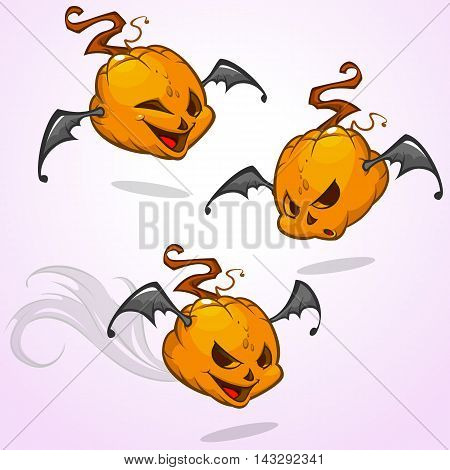 Set of vector cartoon pumpkin heads expressions with bat wings. Vector Halloween illustration isolated