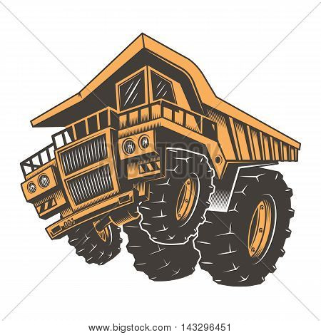 Huge aggressive construction truck on back wheels. Isolated on white