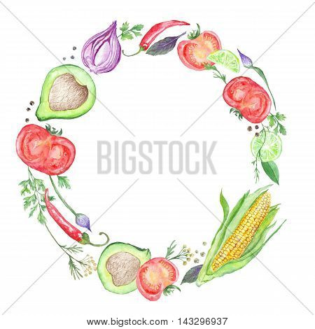 Circle vegetarian frame made of tomatoes, chilly, onion, avocado and parsley for menu, kitchen print design