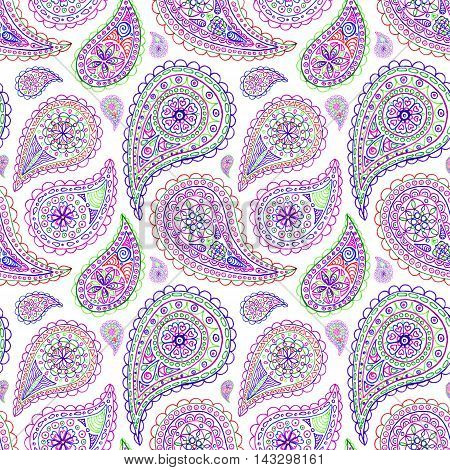 Paisley buta doodle colorful line art seamless pattern