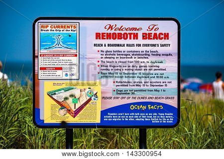 Rehoboth Beach DE - June 25 2016: Welcome to Rehoboth Beach sign on the boardwalk.