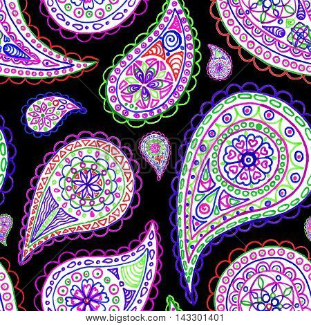 Paisley buta doodle colorful line art seamless pattern