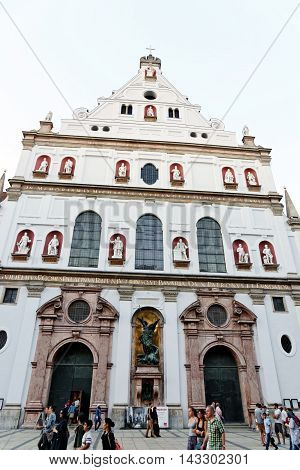 MUNICH GERMANY - AUGUST 2 2015: St. Michael's Church on Neuhauser Strasse. It is the largest Renaissance church north of the Alps.
