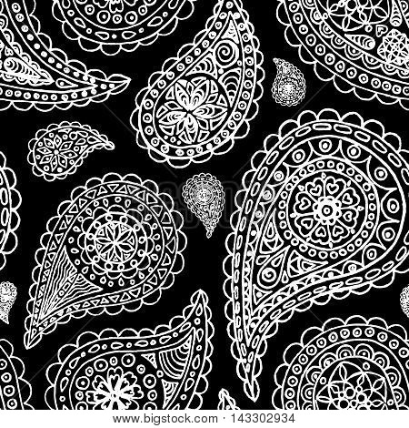 Paisley buta doodle monochrome line art seamless pattern vector