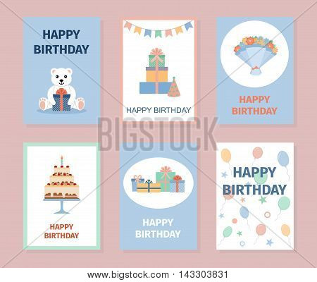 Set of colorful birthday cards. Flat style vector illustration.