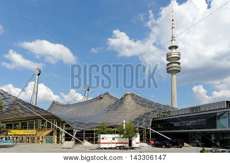 MUNICH GERMANY - AUGUST 4 2015: Olympic Tower (Olympiaturm) in Olimpiapark. It was built for the 1972 Summer Olympics. It has an overall height of 291m and a weight of 52500 tons.