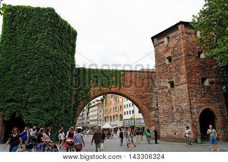MUNICH GERMANY - 4 AUGUST 2015: Front view of Sendlinger Tor and the begining of Sendlinger Strasse.