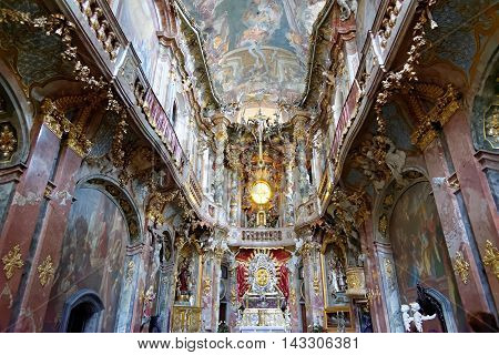 MUNICH GERMANY - AUGUST 4 2015: Interior of Asamkirche(St. Johann Nepomuk). The church was built in 1733-1746 and is considered to be one of the main representatives of the southern German Late Baroque.