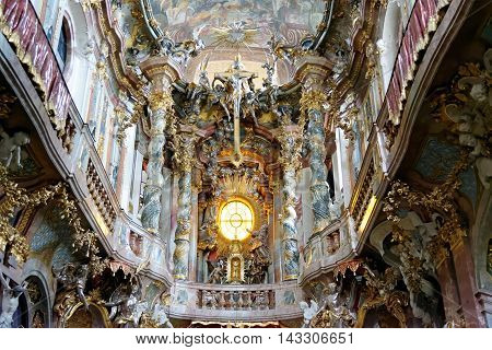 MUNICH GERMANY - AUGUST 4 2015: Interior of Asamkirche(St. Johann Nepomuk). The church was built in 1733-1746 and is considered to be one of the main representatives of southern German Late Baroque.