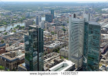 FRANKFURT AM MAIN GERMANY - AUGUST 6 2015: Aerial view of the central business district from the observatory deck of the Mian tower. Frankfurt is the largest financial centre in continental Europe.