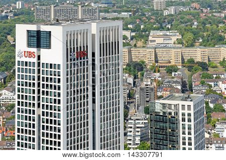 FRANKFURT AM MAIN GERMANY - AUGUST 6 2015: Aerial view of Opernturm and Park Tower skyscrapers from the observatory deck of the Mian Tower. Frankfurt is the largest financial centre in continental Europe.