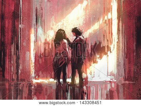 young couple in love outdoor, illustration, digital painting