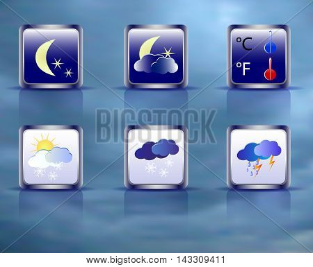 Set of weather square icons on a background of sky. Six weather icons with moon, clouds, sun and thermometer