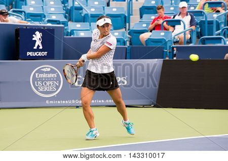 Mason Ohio - August 14 2016: Misaki Doi in a qualifying match at the Western and Southern Open in Mason Ohio on August 14 2016.