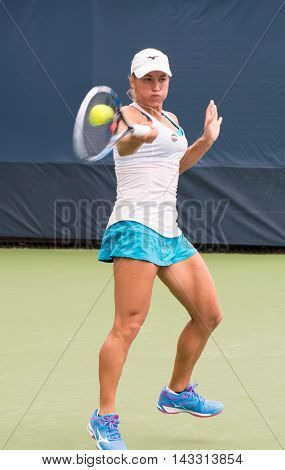 Mason Ohio - August 16 2016: Yulia Putintseva in a match at the Western and Southern Open in Mason Ohio on August 16 2016.