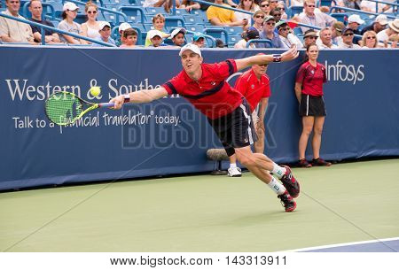 Mason Ohio - August 15 2016: Sam Querrey in a first round match at the Western and Southern Open in Mason Ohio on August 15 2016.