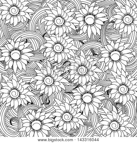 Coloring page for adult anti stress coloring and other decoration. Zentangle design. Decorative detailed pattern with artistic flowers and plants. Black and white illustration