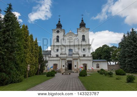 Dukla Poland - July 22 2016: Old statue of Mary in front of the Shrine of St. John of Dukla in Dukla Poland. Bernardine Monastery