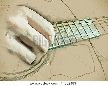 Closeup photo of an acoustic guitar played by a man. Only hands visible. Vintage painting, background illustration, beautiful picture, musical texture