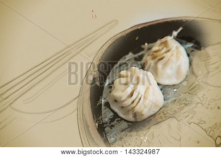 Traditional chinese food, steamed dumpling served on table in a wooden dish and with wooden chopsticks. Vintage painting, background illustration, beautiful picture, travel texture