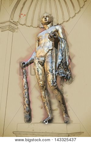 Hercules of the Theatre of Pompey in Vatican Museums. Vintage painting, background illustration, beautiful picture, travel texture