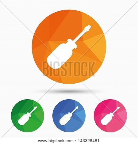Screwdriver tool sign icon. Fix it symbol. Repair sign. Triangular low poly button with flat icon. Vector