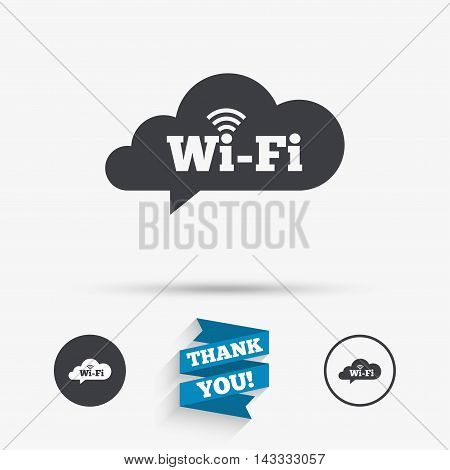 Free wifi sign. Wifi symbol. Wireless Network icon. Wifi zone. Flat icons. Buttons with icons. Thank you ribbon. Vector