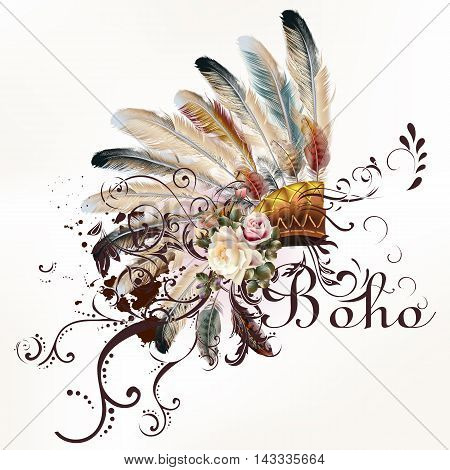 Boho illustration with headdress from feathers tribal vector background. Ideal for T-shirt prints