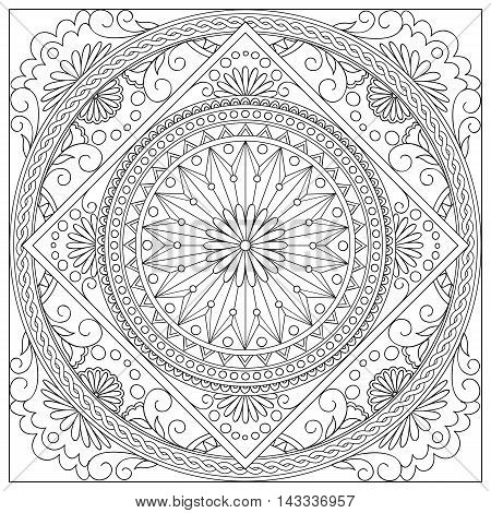 Mandala with hand drawn elements and flowers into the square in Arabic Indian turkish pakistan chinese ottoman tribal motifs. Image for adult coloring book tattoo decorate plates porcelain ceramics crockery. eps 10
