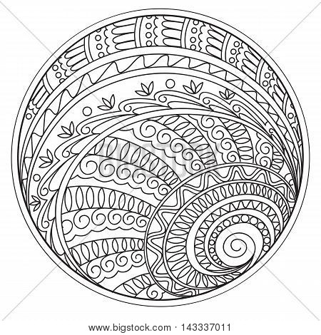 Hand drawn tangled mandalas and tracery into the circle in the Indian bojo tribal motifs. Image for adult coloring book decorate plates porcelain ceramics crockery. eps 10