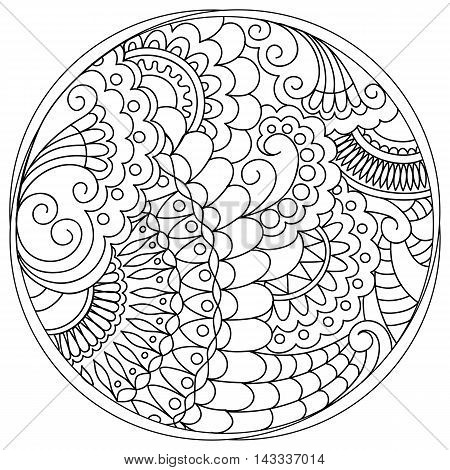 Hand drawn tangled mandalas and tracery into the circle in the Indian bojo tribal motifs. Image for adult coloring books decorate plates porcelain ceramics crockery. eps 10