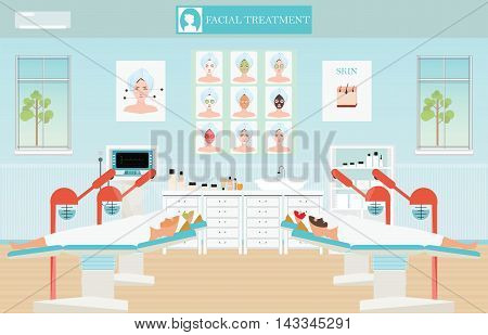 Spa facial massage treatment with ozone facial steamer on bed in spa centerinterior women facing the steam beauty conceptual vector illustration.