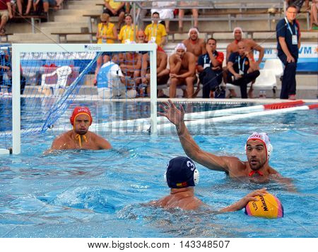 Budapest, Hungary - Jul 17, 2014. Montenegro defending against Romania. The Waterpolo European Championship was held in Alfred Hajos Swimming Centre in 2014.