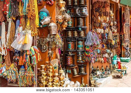 Close up photo of a souvenir shop in Kathmandu