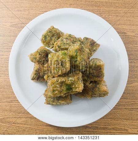 Top View of Fried Chinese Pancake or Fried Steamed Dumpling Made of Garlic Chives Rice Flour and Tapioca Flour. Traditional Food of China.
