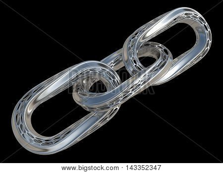3D rendering shiny chrome chain links highly detail design reliability and teamwork concept. isolated on black background with clipping paths.