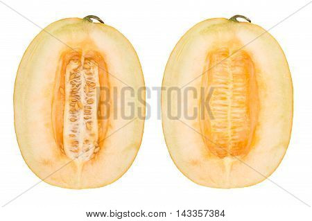 Half of cantaloupe melon isolated on the white background. Top view.