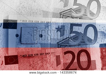 Euro banknotes, switch and Russian flag - Finance concept