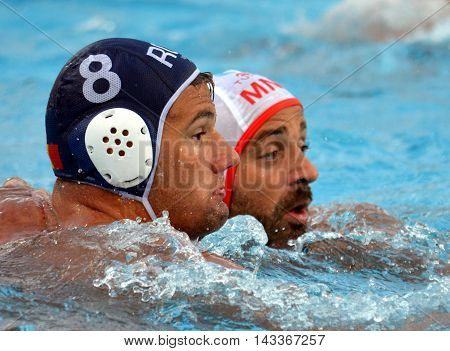 Budapest, Hungary - Jul 17, 2014. Romania's CHIOVEANU Mihnea (ROU, 8). The Waterpolo European Championship was held in Alfred Hajos Swimming Centre in 2014.