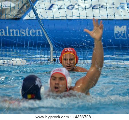 Budapest, Hungary - Jul 17, 2014. Focus on the Montenegro's RADIC Zdravko (MNE, 1) goalkeeper.  The Waterpolo European Championship was held in Alfred Hajos Swimming Centre in 2014.
