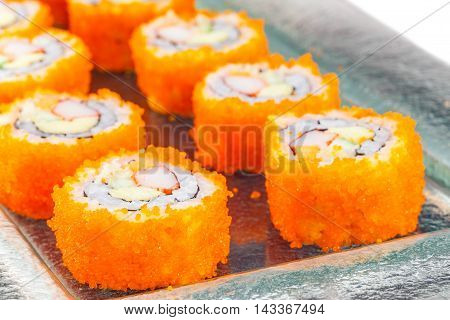 sushi japanese food rice with flying fish roe