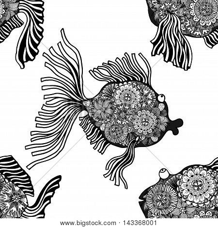 Seamless background of abstract fish with flowers. Black and white vector illustration.