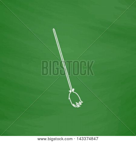 Broom Outline vector icon. Imitation draw with white chalk on green chalkboard. Flat Pictogram and School board background. Illustration symbol